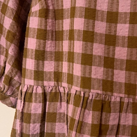Madewell Pink and Olive Green Gingham Plaid Mini Babydoll Puff Sleeve Dress - Picture 9 of 9